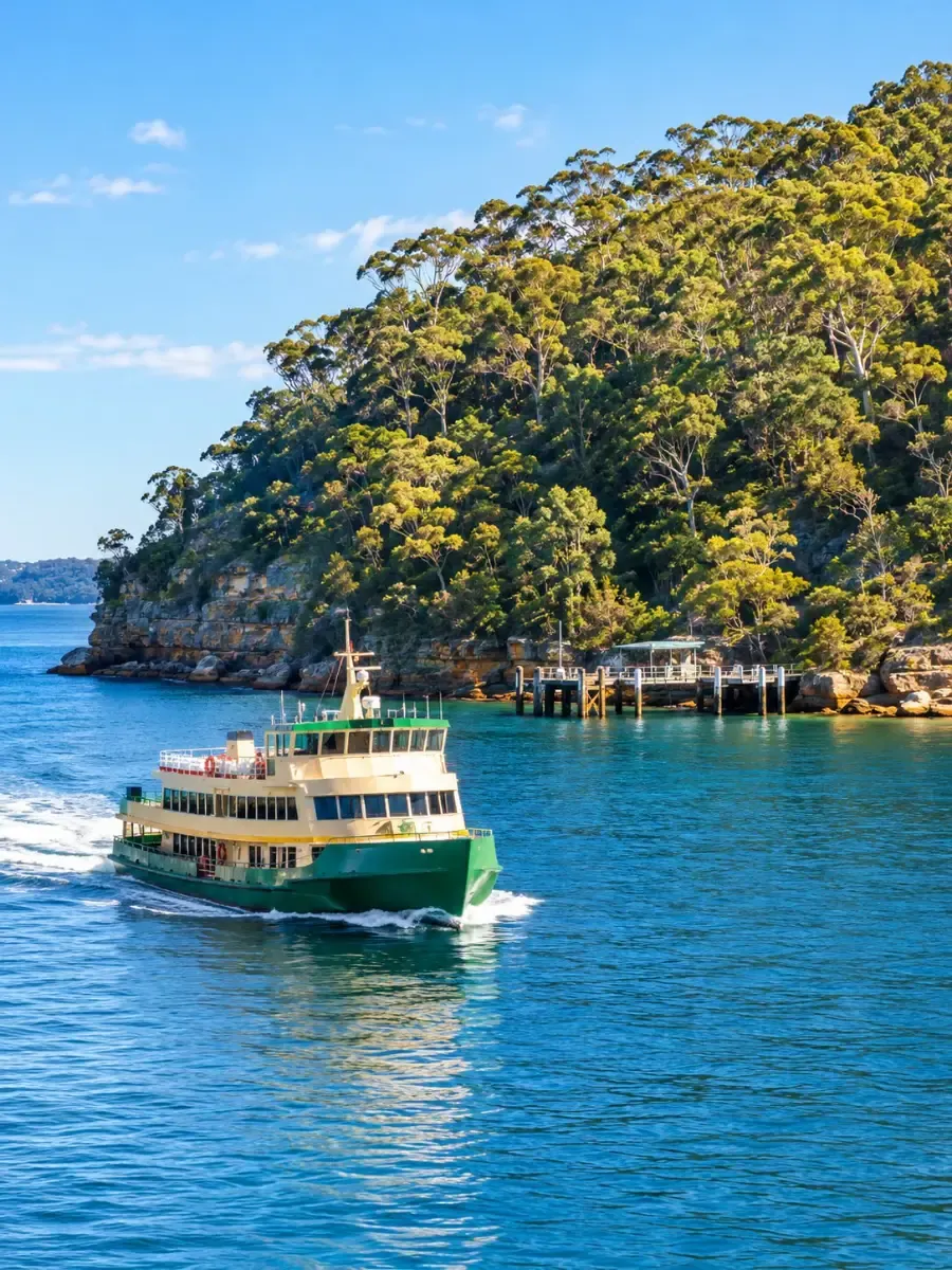 A Sydney ferry crossing the harbour towards a wooded headland on a sunny day