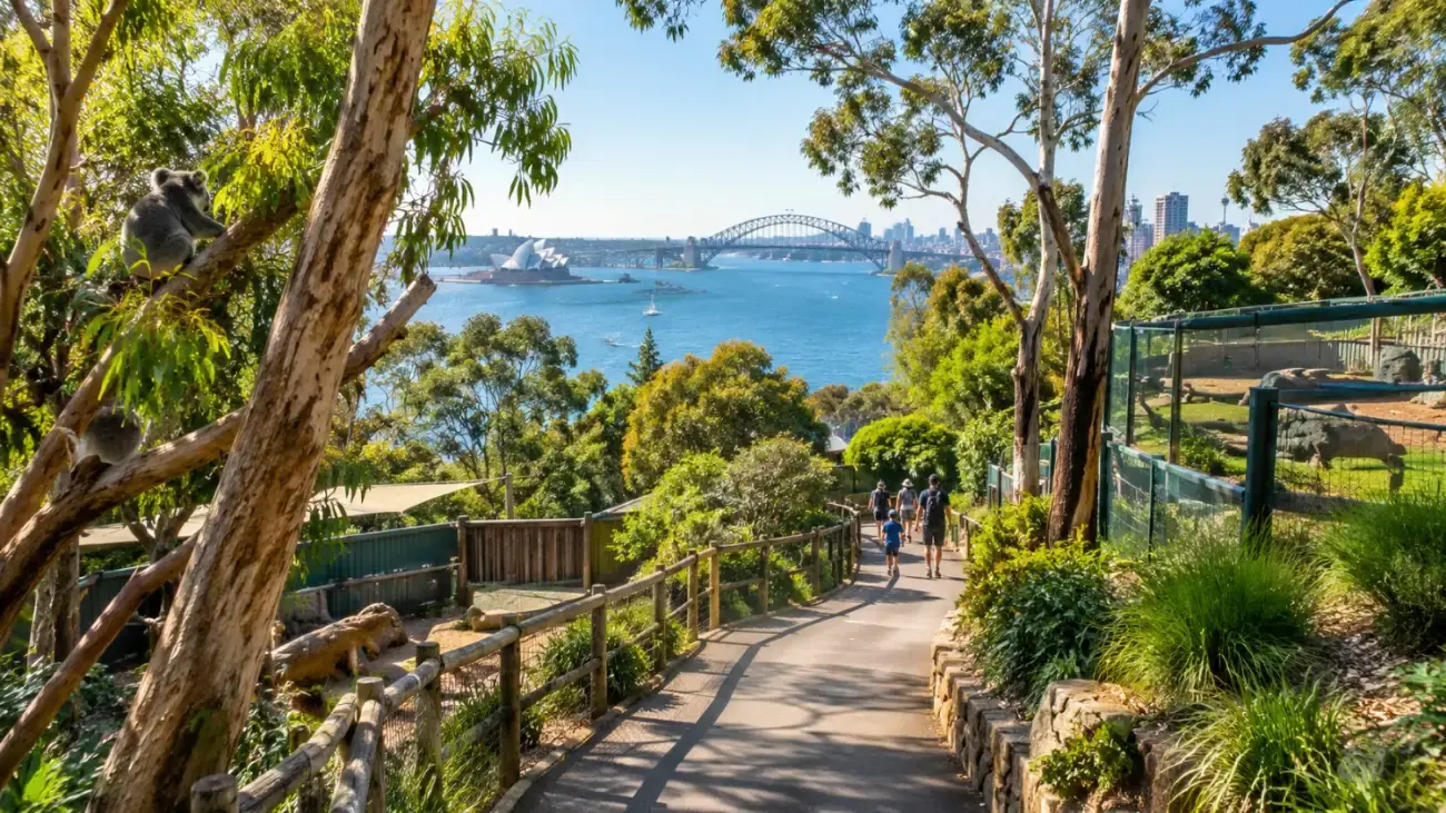 A winding path between gum trees and enclosures on a hillside above Sydney Harbour