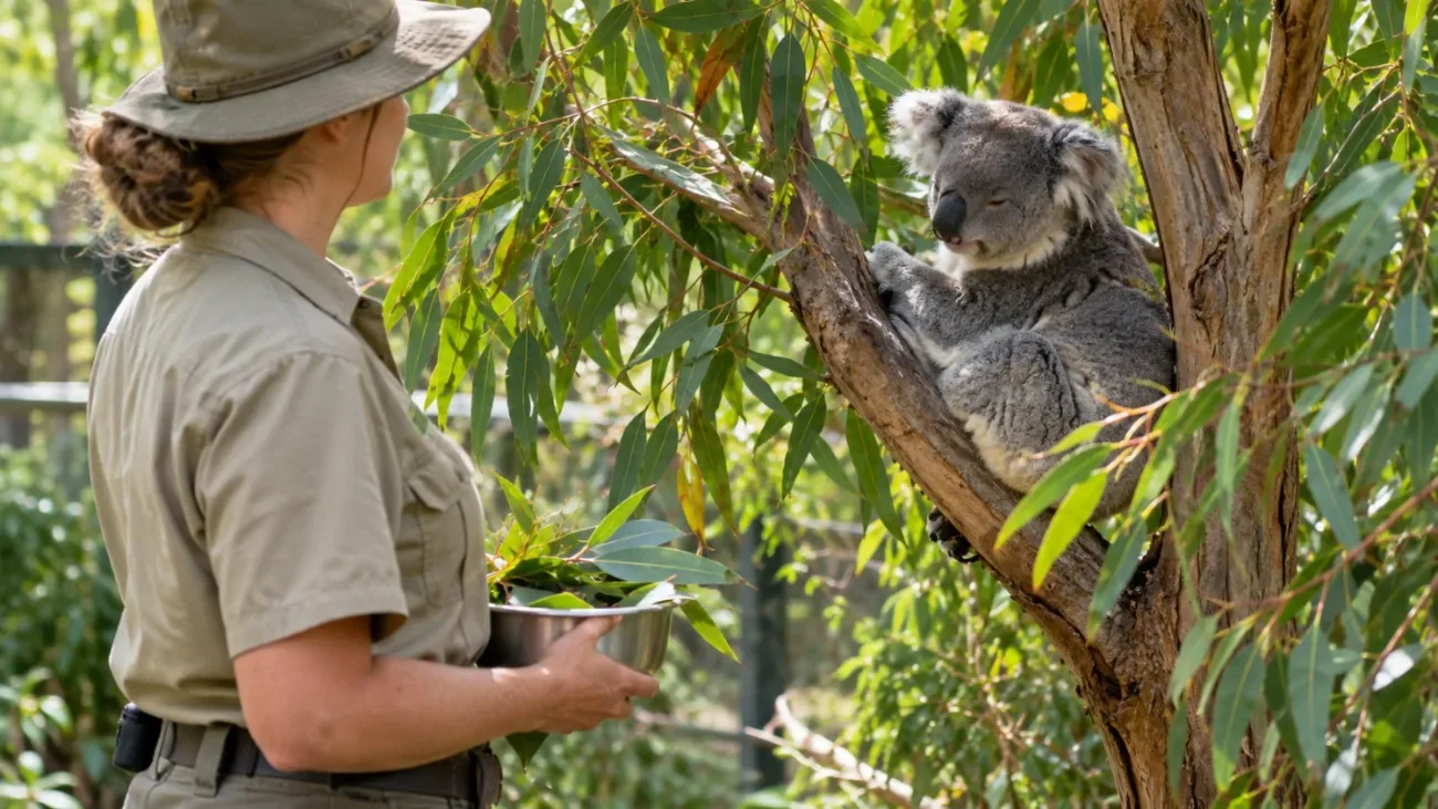 A zoo keeper in khaki uniform holding a food bowl near a koala in a eucalyptus tree